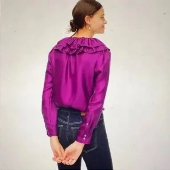 J. Crew Collection Silk Purple Blouse with Ruffle Neckline - Picture 6 of 12